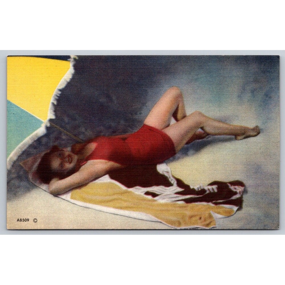 Vintage 1940s Pinup Postcard AB509 Red Swimsuit Bathing Beauty MWM Color-Litho